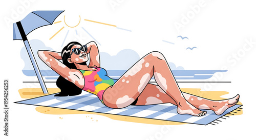 A vibrant woman relaxing on a beach towel under a colorful umbrella on a sunny day