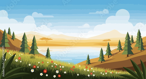 Pixel Art Landscape: Serene Lake, Rolling Hills, Evergreen Trees, and Wildflowers
