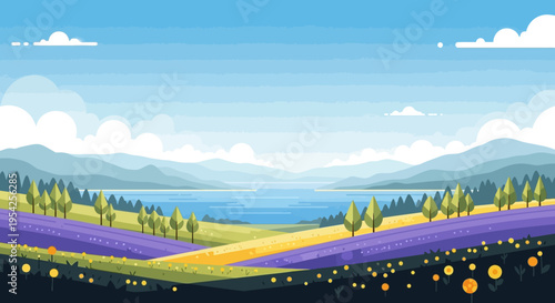 Pixel Art Landscape: Serene Lake, Rolling Hills, Lavender Fields, Mountains, and Sky