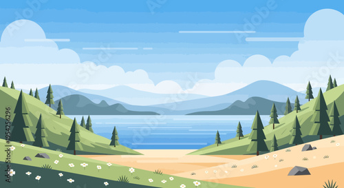 Pixel Art Landscape: Serene Lake, Rolling Hills, Mountains, and Pine Trees