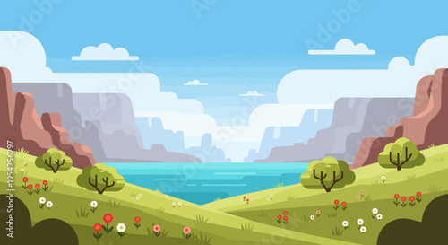 Pixel Art Landscape: Serene Lake, Rolling Hills, Mountains, and Blooming Wildflowers