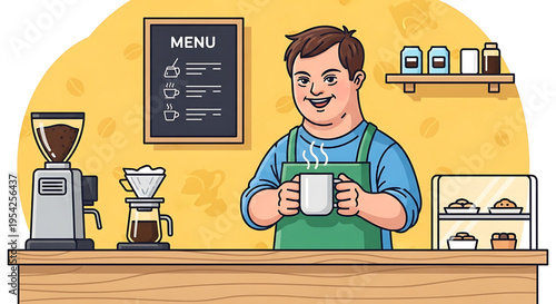 A cheerful barista stands behind a coffee shop counter, holding a steaming cup of coffee.