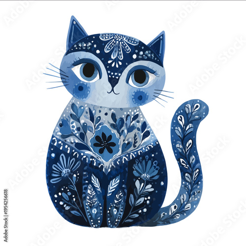 isolated clipart image of watercolor gouache blue floral folk geometric cat vector icon monochrome simple logo for kids on a white background.jpe