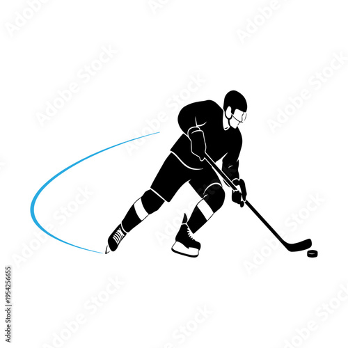 ice hockey player in action dribbling puck flat design vector illustration and isolated background