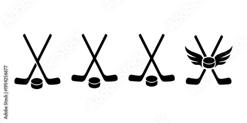 set of hockey sticks and pucks with winged emblem flat design vector illustration and white background