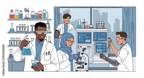 A diverse group of scientists working together in a modern laboratory setting