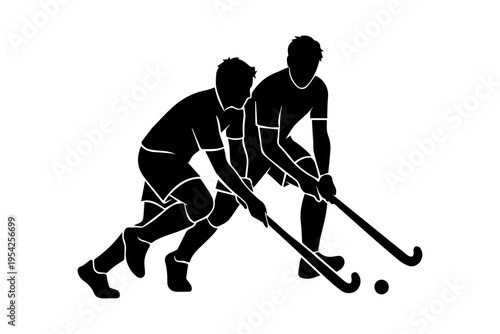two hockey players competing for the puck flat design vector illustration and white background