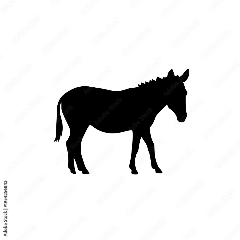 Fototapeta premium Solid black vector donkey silhouette on white background, flat design icon