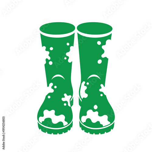 Pair of green camouflage rain boots with muddy soles and scuffs.