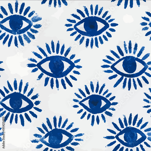 isolated clipart image of watercolor geometric ogee stripes evil eye sunrays blue handpainted repetitive pattern linocut vector icon monochrome simple logo