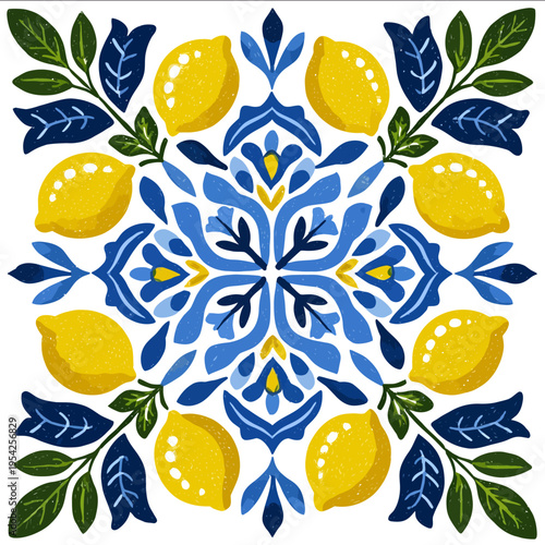 isolated clipart image of hand painted blue white yellow green geometric decorative symmetrical lemon minimalist tile vector icon monochrome simp