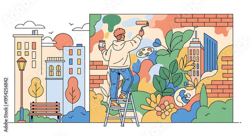 A vibrant artist painting a colorful mural on a city wall with a ladder and paintbrushes