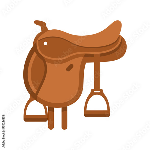 Digital illustration of a brown horse saddle with stirrups.