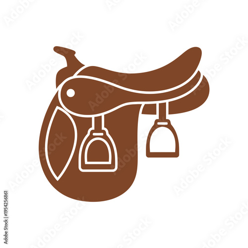 Illustration of a brown saddle with straps and a leaf attached.