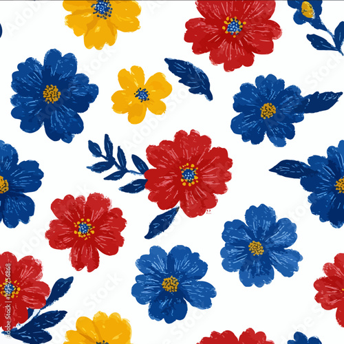 isolated clipart image of watercolor geometric wildflowers red blue yellow handpainted repetitive pattern block print Indian linocut vector icon monochrome