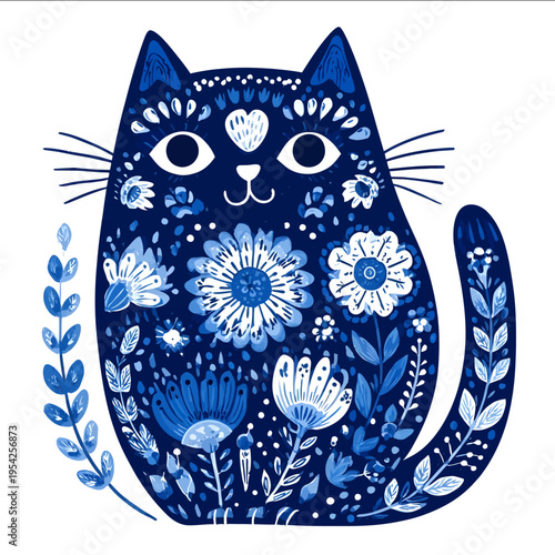 isolated clipart image of cute kawaii blue floral folk geometric cat cartoon doodle vector icon monochrome black and white simple logo for kids o