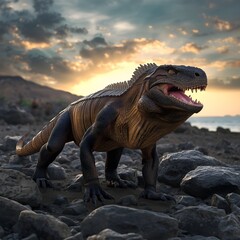 Majestic Komodo Dragon Standing on Rocky Shore 
with Dramatic Sunset Sky Indonesia Wildlife Photography