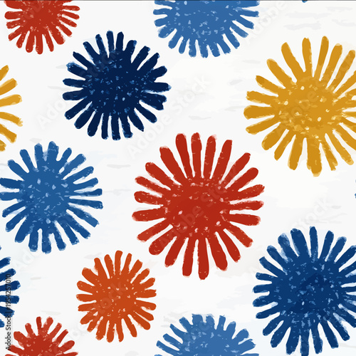 isolated clipart image of watercolor geometric decorative tiles stripes sunrays red blue yellow handpainted repetitive pattern linocut vector ico