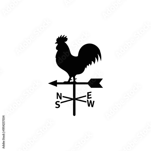 Black silhouette of a rooster perched on a weather vane with cardinal directions.