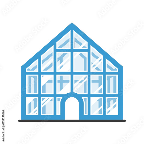 Illustration of a modern glass greenhouse with a triangular roof.