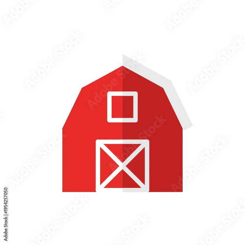 Simplified illustration of a red barn with white accents and a sliding door.