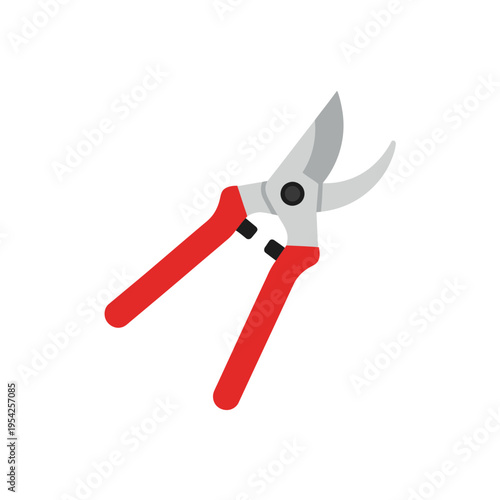 Digital illustration of pruning shears with red handles and silver blades.