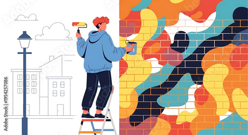 A vibrant street artist transforming a dull wall into a colorful mural with a paint roller and can.