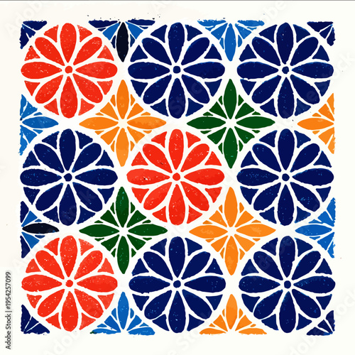 isolated clipart image of watercolor geometric grids Portuguese flowers pattern tile red yellow blue green linocut vector icon monochrome simple