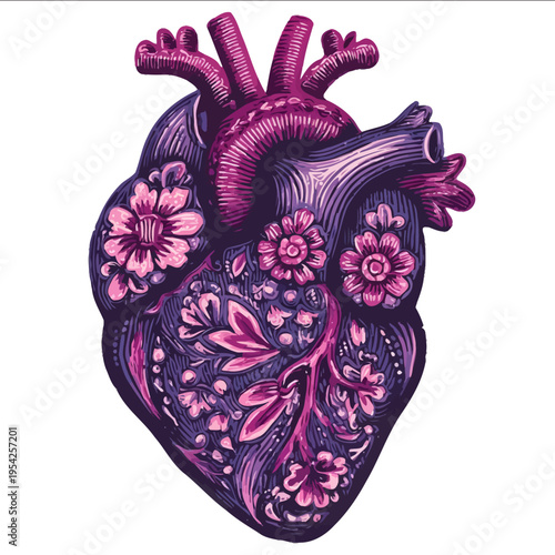 isolated clipart image of decorative ornamental Deep Purple and Red decorated Mexican sacred heart linocut vector icon monochrome black and white