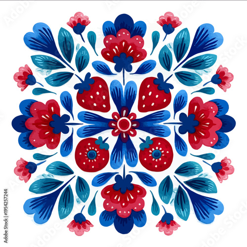 isolated clipart image of gouache floral folk geometric strawberries red pink blue turquoise teal symmetry trellis pattern tile vector icon monoc