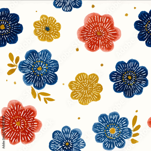 isolated clipart image of watercolor geometric flowers red blue yellow handpainted repetitive pattern linocut vector icon monochrome simple logo for kids o