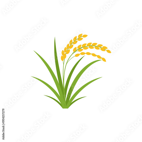 Illustration of a rice plant with green leaves and yellow grains.