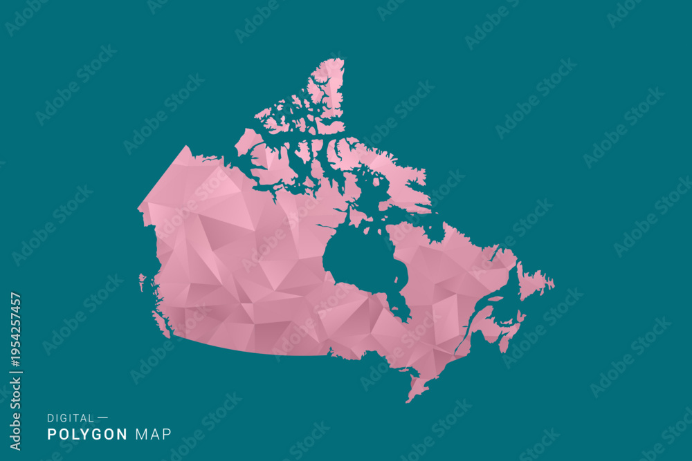 Fototapeta premium Canada polygon map vector illustration in low poly geometric style, soft pastel colors with pink and teal green tones, clean silhouette on solid background, ideal for infographic.