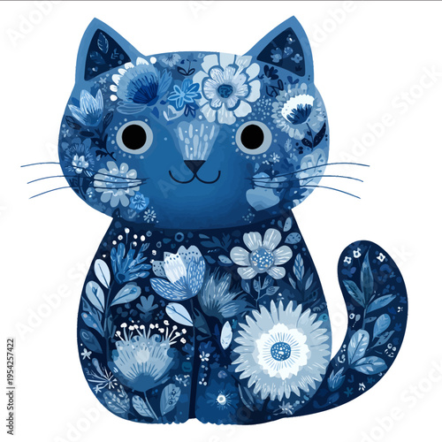 isolated clipart image of cute kawaii blue floral folk geometric cat cartoon doodle vector icon monochrome simple logo for kids on a white background