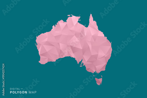 Australia polygon map vector illustration in low poly geometric style, soft pastel colors with pink and teal green tones, clean silhouette on solid background, ideal for infographic.