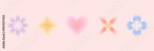Grainy y2k shapes with halftone stipple texture.Colorful dotwork 2000s figures:heart,flower,star and sparkle with soft airbrush effect.Perfect for posters,branding,packaging and social media design