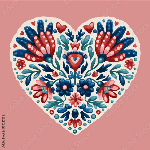 isolated clipart image of gouache floral folk geometric hearts red pink blue turquoise teal pattern tile vector icon monochrome simple logo for kids on a p