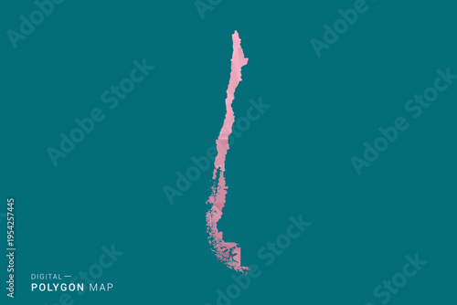 Chile polygon map vector illustration in low poly geometric style, soft pastel colors with pink and teal green tones, clean silhouette on solid background, ideal for infographic.