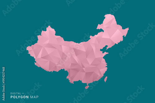 China polygon map vector illustration in low poly geometric style, soft pastel colors with pink and teal green tones, clean silhouette on solid background, ideal for infographic.