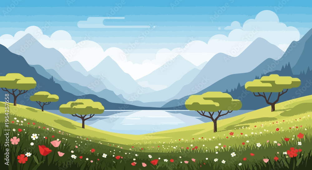 Fototapeta premium Pixel Art Landscape: Serene Mountain Lake with Wildflowers and Trees