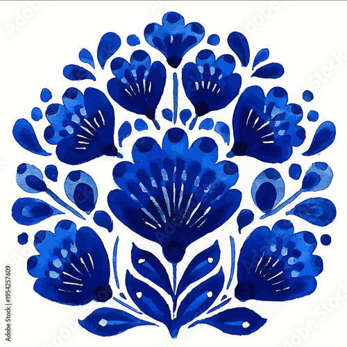 isolated clipart image of gouache blue floral folk vertical stripes geometric pattern tile vector icon monochrome simple logo for kids on a white backgroun