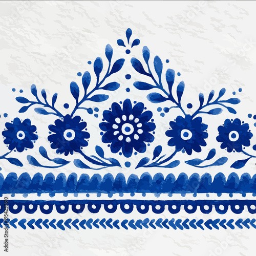 isolated clipart image of watercolor gouache blueand white borders strips floral folk Marrakech geometric pattern tile vector icon monochrome simple logo f