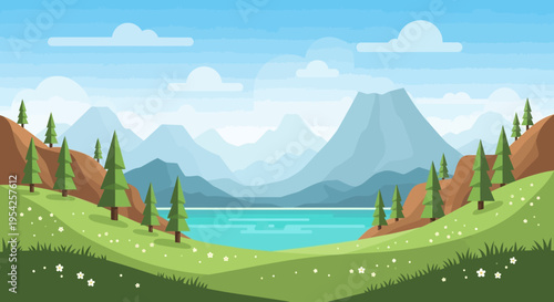 Pixel Art Landscape: Serene Mountain Lake with Rolling Hills and Pine Trees