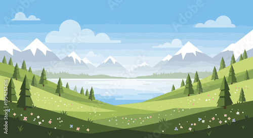 Pixel Art Landscape: Serene Mountain Lake with Rolling Green Hills and Pine Trees