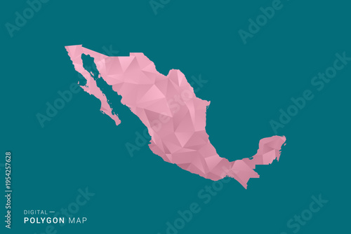 Mexico polygon map vector illustration in low poly geometric style, soft pastel colors with pink and teal green tones, clean silhouette on solid background, ideal for infographic.