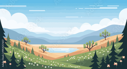 Pixel Art Landscape: Serene Mountain Lake with Rolling Hills and Wildflowers
