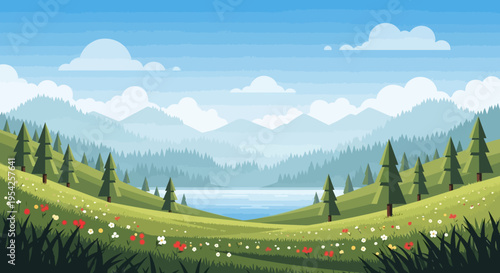 Pixel Art Landscape: Serene Mountain Lake with Rolling Hills and Wildflowers