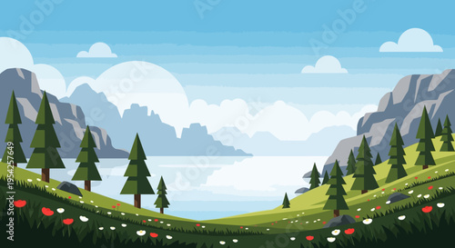 Pixel Art Landscape: Serene Mountain Lake with Wildflowers and Evergreen Trees