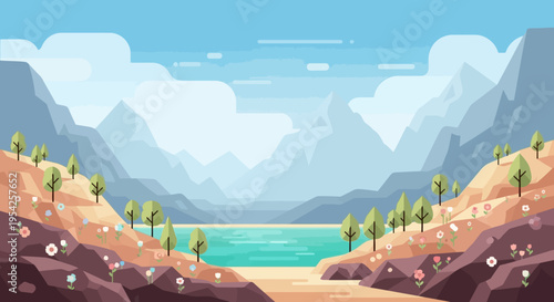 Pixel Art Landscape: Serene Mountain Lake with Wildflowers and Trees