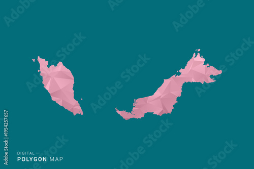 Malaysia polygon map vector illustration in low poly geometric style, soft pastel colors with pink and teal green tones, clean silhouette on solid background, ideal for infographic.